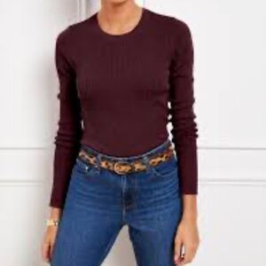 Talbots RIBBED CREWNECK PULLOVER in Burgundy Knit Sweater Top